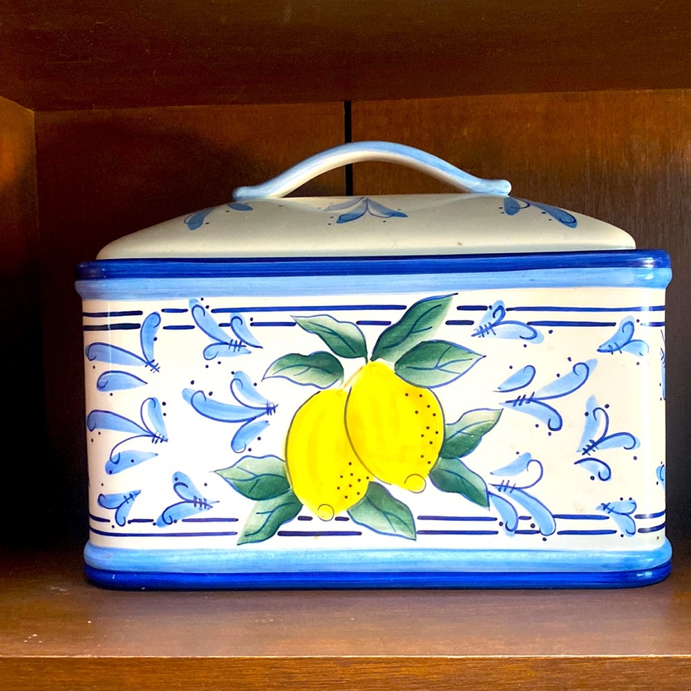 BREAD BOX INSPIRADO BLUE WHITE STONELITE CERAMIC LEMON HAND PAINTED